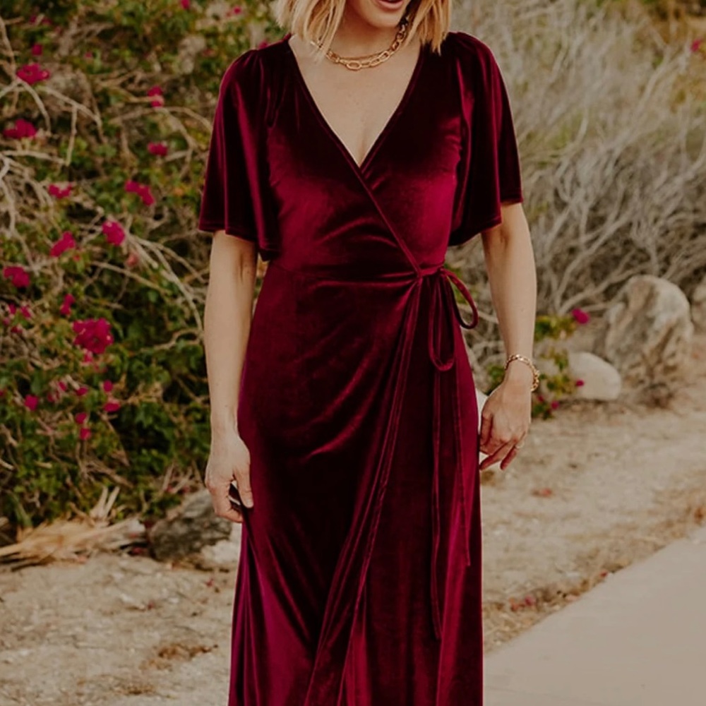 Burgundy Velvet Wrap Maxi Dress. Baltic Born Brand